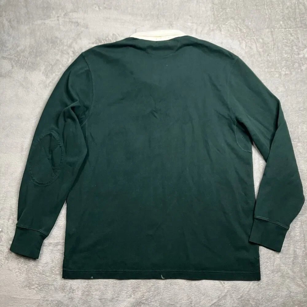J Crew Rugby Polo Shirt Mens XL Green Long Sleeve Cotton Elbow Patch Preppy
